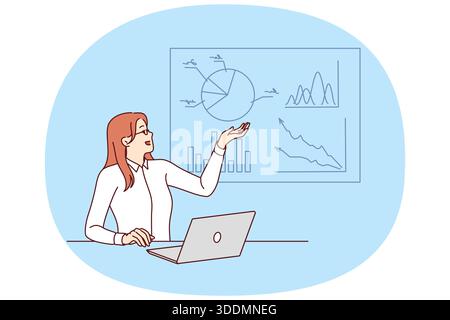 Woman business consultant demonstrates financial graphs proving profitability of investments. Girl marketer analyzed business through laptop and shows results of study of commercial indicators Stock Vector