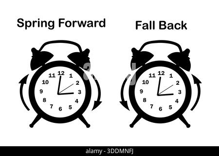 Daylight Saving Time icons set. Spring Forward and Fall Back Time. Daylight Icons with alarm clocks. Switch to summer and winter time concept. Vector Stock Vector