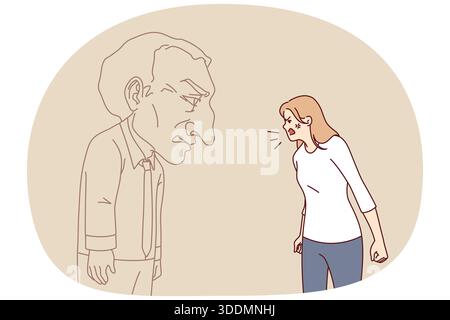 Angry woman screams at imaginary interlocutor, experiencing psychologically distress due to mental trauma from childhood. Conflict aggressive, psychologically unbalanced girl in need of sedatives Stock Vector