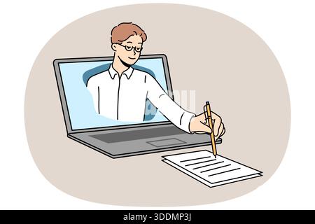Business man takes notes on paper, looking out of laptop screen during online lecture for students. Consultancy provides remote business assistance services for entrepreneurs and company managers Stock Vector