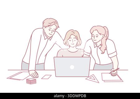 Smiling colleagues look at laptop screen work together on business project in office. Happy businesspeople brainstorm cooperate together on computer. Teamwork. Vector illustration. Stock Vector