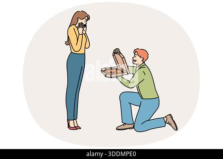 Man gives pizza to beloved, standing on knee and delighting girlfriend with fresh food from italian restaurant. Cheerful boyfriend proposes marriage to girl, with pizza instead of wedding ring Stock Vector