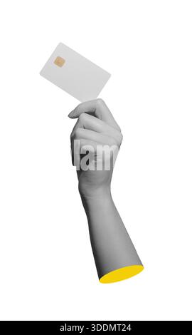 Close up view of fingers showing a payment card with microchip isolated on white Stock Photo