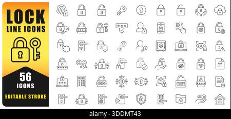 Clean And Modern Lock Line Icon Set Featuring Security, Privacy, Password, Access Control, And Data Protection Symbols. Editable Stroke Line Icon Idea Stock Vector