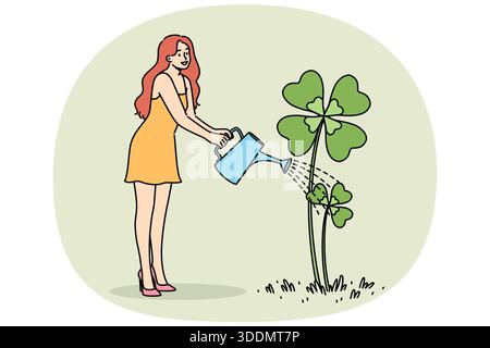 Woman waters yarrow clover growing from ground in preparation for st. Patrick day celebrations. Girl in summer dress grows irish plant to make green beer for st. Patrick day party. Stock Vector