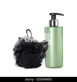 Black mesh sponge and bottle of shower gel isolated on white Stock Photo