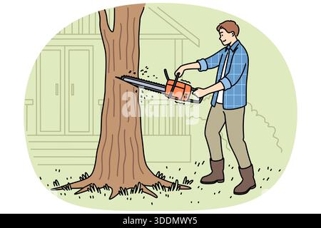 Man lumberjack uses chainsaw to get rid of old, diseased tree growing near house. Young guy works as lumberjack and helps residents of country cottages clear area of unnecessary trees. Stock Vector