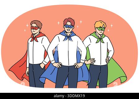 Team of business people in superhero masks and capes are ready to provide consulting services for corporations. Team of cool managers from consulting company smile standing in confident pose Stock Vector