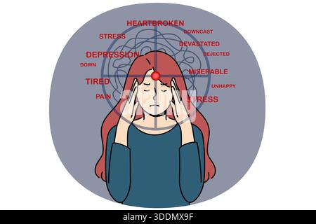 Depressed woman experiencing stress and suffering, clutching head with target, near inscriptions heratbroken or dejected. Girl suffers from psychological pressure causing stress and despair or apathy Stock Vector