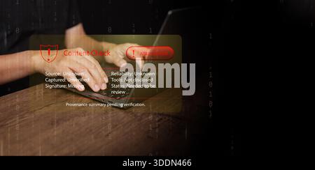 A man hands typing on laptop with red digital content warning. Cyber risk, unverified sources, misinformation, fake news, data authenticity, online ve Stock Photo