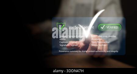 Verified digital content and provenance concept. A man touches check mark with box showing detail for authentication, transparency, metadata, and inte Stock Photo