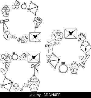Valentine's Day round square frame template set. Vector graphic line black and white illustration. Silhouette sign for logo, print, comics, fashion, p Stock Vector