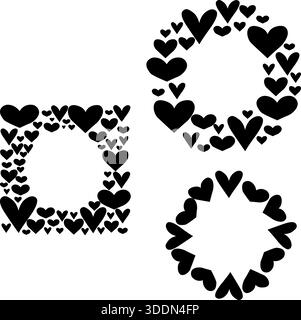 Hearts Valentine's Day round square frame template set. Vector graphic line black and white illustration. For logo, web, package, sticker. Stock Vector