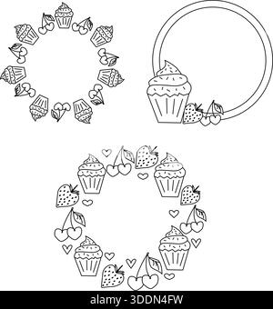 Cupcake and strawberry Valentine's Day round square frame template set. Vector graphic line black and white illustration. design for fashion graphics, Stock Vector