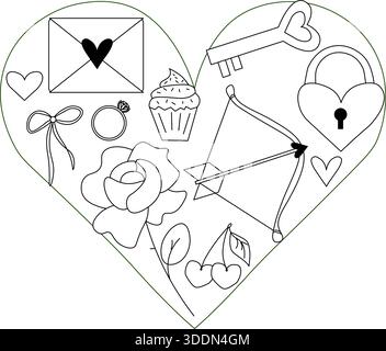 Valentine's Day heart composition. Vector graphic line black and white illustration. Silhouette sign for logo, print, comics, fashion, pop art, boards Stock Vector