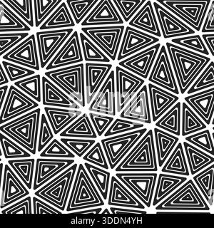 Tileable abstract background. Multiple repeated inner triangles. Large triangle size. Black and white style. Seamless pattern. Trending vector tiles. Stock Vector