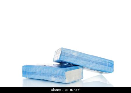 Packaging of paper nasal tissues, isolated on white background, close-up. Stock Photo