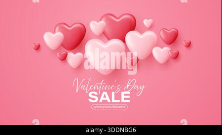 Romantic Valentines Day design featuring floating pink heart shaped balloons in 3D style, ideal for love celebration banners, greeting templates, or Stock Vector