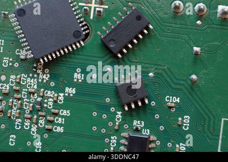 Semiconductor components. Integrated circuits, microchips on the high technology pattern. Stock Photo