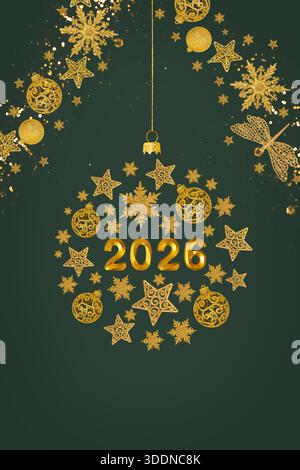 Christmas and New Year's composition in the shape of a golden ball on a Christmas tree made of decorative elements in the form of snowflakes, stars, b Stock Photo