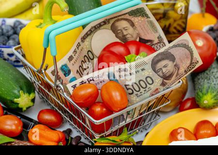 Japan, money, and a shopping basket. Rising food prices, inflation, and more expensive products in stores. An economic and financial concept. Japanese Stock Photo