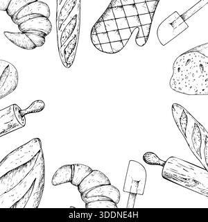 Vector frame, template with bread, pot holders, whisk, silicone kitchen spatula, glove potholder. Graphic ink Oven Mitt, kitchen tool illustration Stock Vector