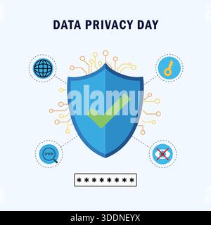 Data Privacy Day Concept with Shield and Digital Protection Stock Vector