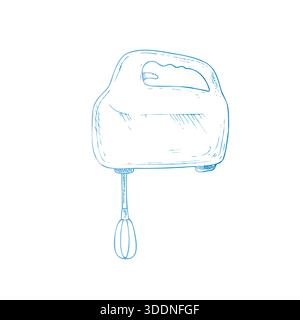 Vector hand mixer. Graphic ink Plastic kitchen tool illustration isolated on background. Hand drawn line sketch. For designers, prints, logo, icon Stock Vector