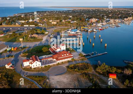 Aerial View of the Harbor and buildings surrounding Silver Lake on Ocracoke Island in North Carolina Stock Photo
