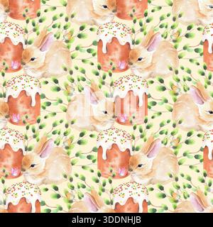 Seamless pattern of rabbit, cake, willows and butterflies on a beige background. Watercolor illustration. For fabric, wallpaper, packing paper, greeti Stock Photo