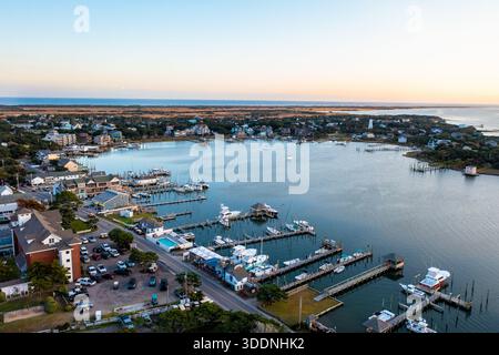 Ocracoke North Carolina - October 14 2022: Aerial View of Silver Lake and and the Town of Ocracoke in North Carolina at Sunset Stock Photo