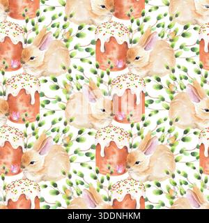 Seamless pattern of kulich cake, rabbit and willow branches. Watercolor illustration. For fabric, wallpaper, packing paper, greeting cards, design, de Stock Photo