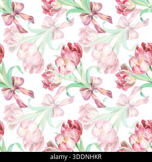 Seamless pattern of bouquet of tulips. Watercolor illustration. For fabric, wallpaper, packing paper, greeting cards, design, decoration and illustrat Stock Photo