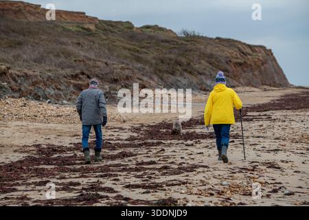 Elderly couple walking together along a sandy beach in winter, older man and woman walking at seaside. Stock Photo