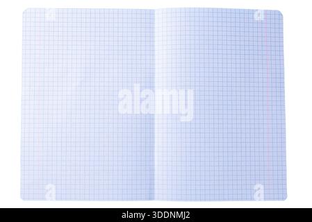 Open notebook with squared grid pages isolated on white, minimal school or office stationery background. Stock Photo
