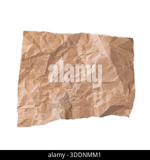 Single crumpled brown kraft paper sheet isolated on white background, natural wrinkled texture for eco concepts. Stock Photo