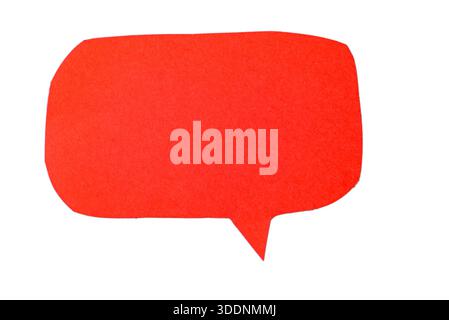 Bright red paper speech bubble isolated on white background, bold chat icon for social and message concepts. Stock Photo