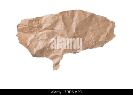 Small torn kraft paper fragment with rough edges isolated on white, organic texture for collage designs. Stock Photo