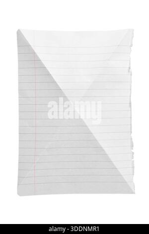 Single lined paper sheet with diagonal fold isolated on white, realistic stationery texture. Stock Photo