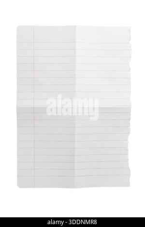 Vertical lined notebook paper sheet isolated on white background, classic school or office stationery. Stock Photo