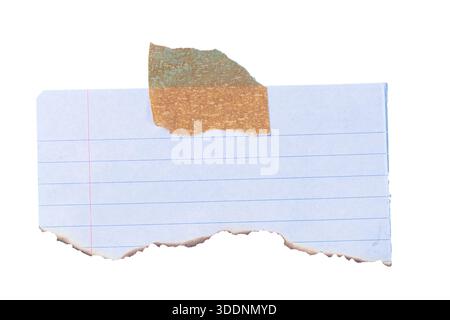 Blue lined notebook paper with torn edge and tape isolated on white, casual stationery note. Stock Photo