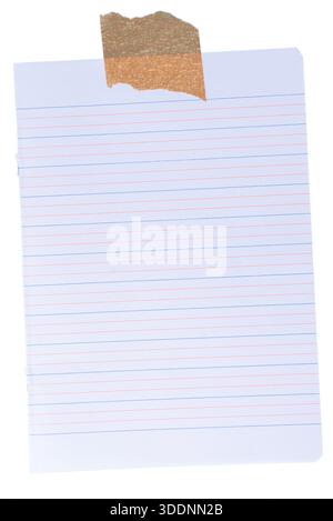 Full lined notebook paper page taped on white background, clean writing surface for notes Stock Photo
