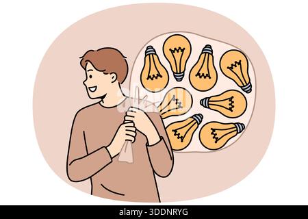 Talented man with lot of ideas in imaginary bag goes to investors for investment for startup. Light bulbs behind happy guy symbolize ideas and innovations awaiting testing and launch. Stock Vector