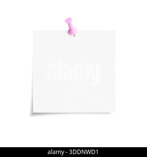 White blank sticky note with pink push pin isolated on white background, front view adhesive paper with copy space Stock Photo