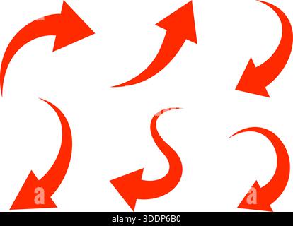 Red minimal curved arrows. Vector direction arrows for navigation and visual flow Stock Vector
