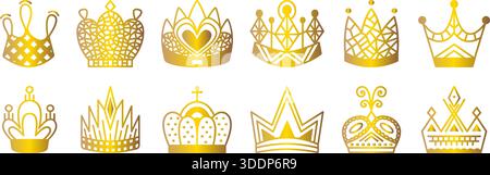 Gold crown icon vector set, shiny gradient golden elegant award signs. Monochrome royal authority cliparts, glossy luxury aristocracy pictograms Stock Vector