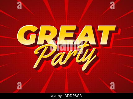 A vibrant graphic design featuring the words Great Party in bold, yellow and gold typography against a red background with radiating lines. Stock Vector