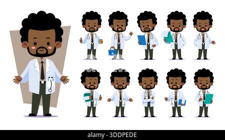 Collection of a cute chibi male african-american doctor character in various professional poses. Perfect for healthcare presentations, medical apps, a Stock Vector