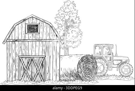 Agricultural landscape. Hand-drawn black and white vector graphics. A barn, a tractor, and a roll of hay. The concept of the agricultural industry Stock Vector