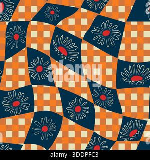 Abstract retro groovy distorted orange colorful checkered background with hand drawn daisy flower, wallpaper, textile, seamless print Stock Vector